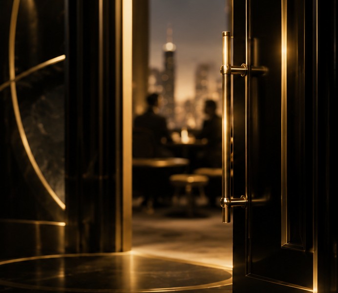 An open door into a private dining room overlooking the city