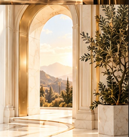 A marble archway opening onto golden hills