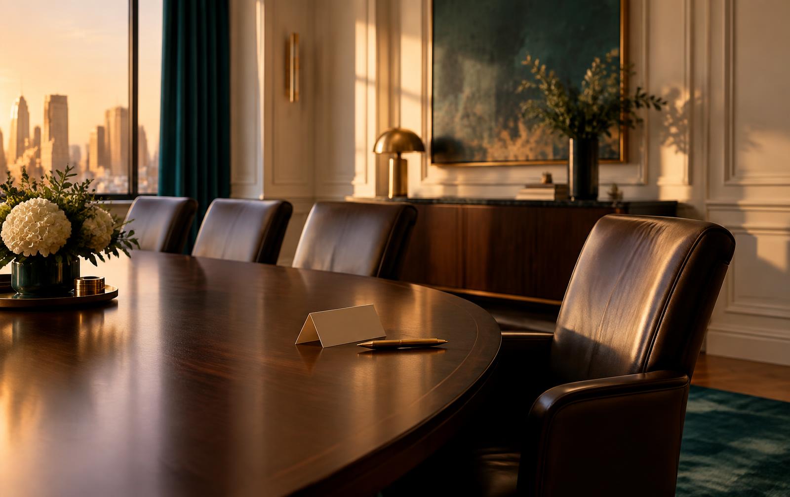 A boardroom with a reserved seat waiting